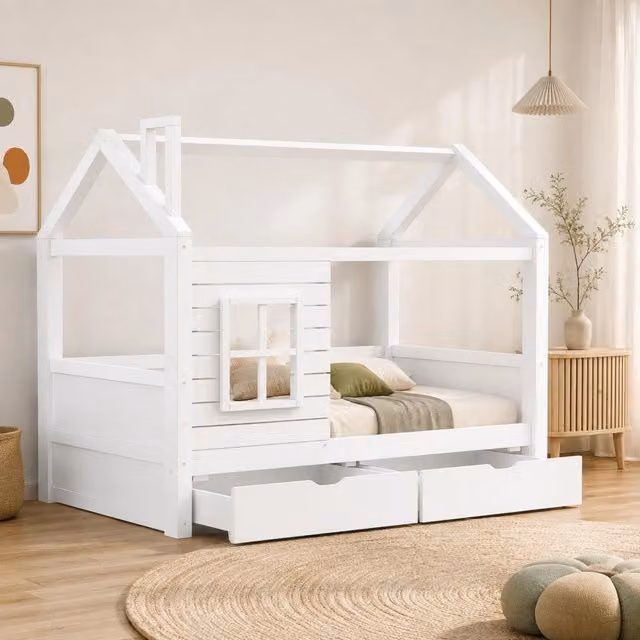 Letto a casetta REDOM per bambini in legno massello di pino bianco con 2 cassetti L/P: 90 x 200 cm