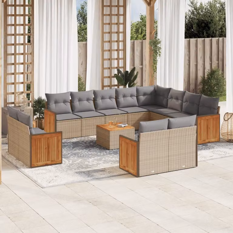 Set Divano da Giardino vidaXL 13 pz in Polyrattan con Cuscini Beige e Tavolino da Esterno