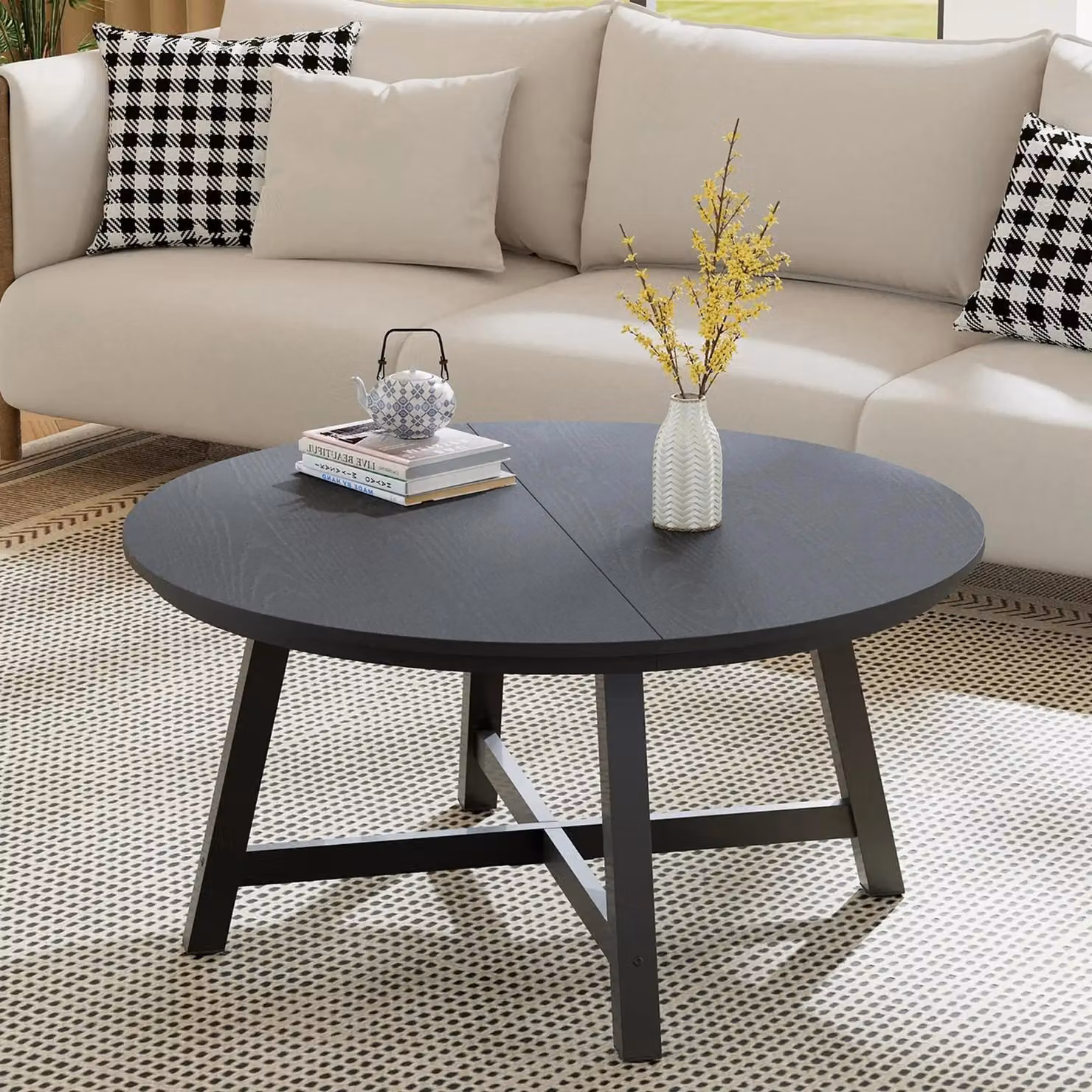 Tavolino rotondo - Tavolino da soggiorno, diametro 91 cm, altezza 47 cm - Design industriale - Gambe in legno effetto legno, robuste - Piedini regolabili - Montaggio semplice - Grigio chiaro