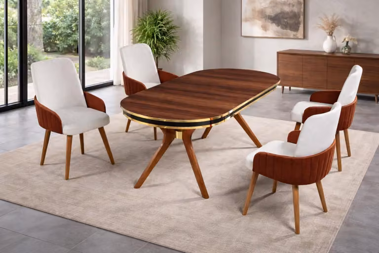 Tavolo con 4 sedie, stile moderno, colore marrone, comodo e confortevole, ideale per la sala da pranzo