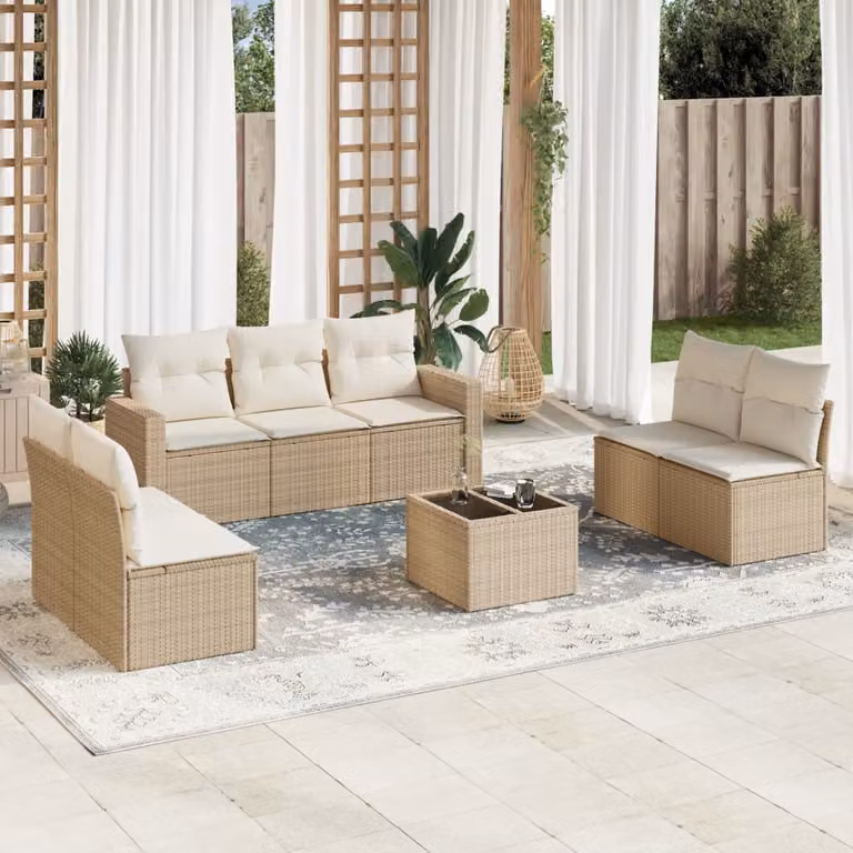 vidaXL Set Divano da Giardino a L in Polyrattan Beige con Cuscini e Tavolino da Esterno 8 pz
