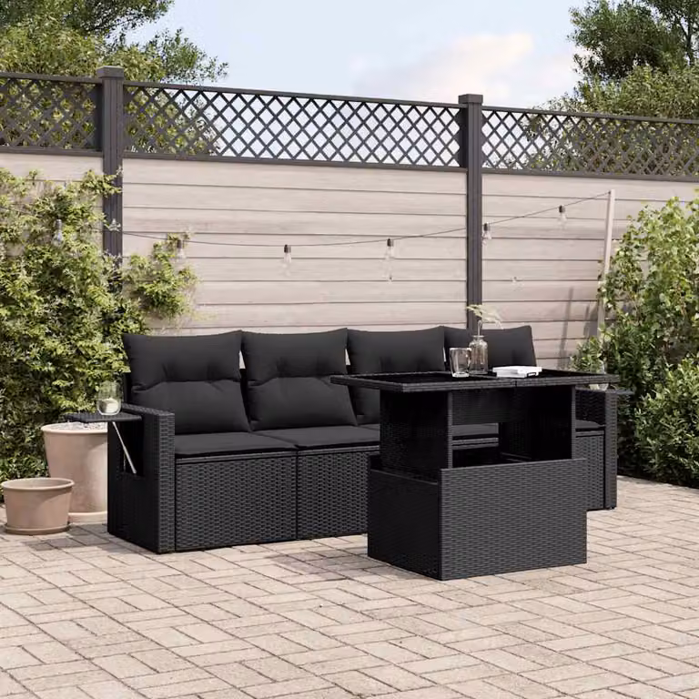 vidaXL Set Divani da Giardino 5 Pezzi in Polyrattan Nero con Cuscini e Tavolino