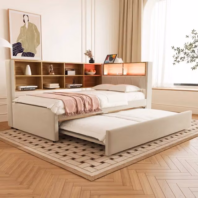 Letto Singolo Divano con LED ¨C MINIMAL ¨C Flanella Beige 90x200