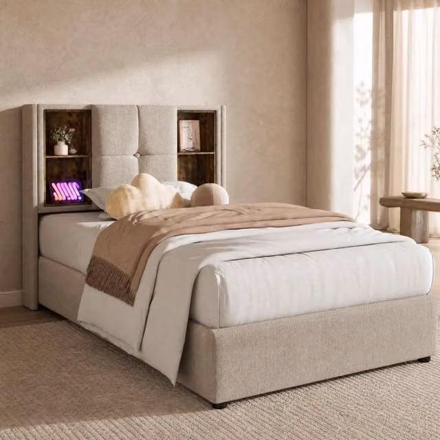 Letto imbottito REDOM con ricarica wireless, porta USB e contenitore contenitore, colore beige, L/P/H: 90 x 200 x 100,5 cm