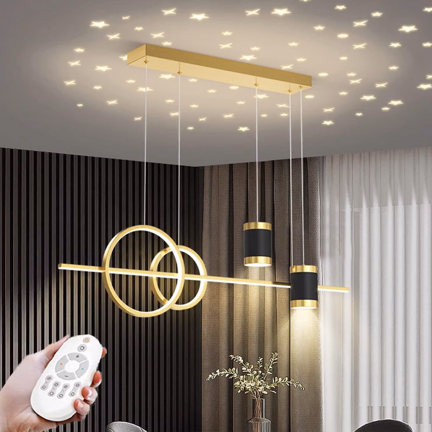 Lampada a sospensione a LED, dimmerabile, design a 6 anelli, 3600 lumen, color oro, dimensioni 100x120 cm