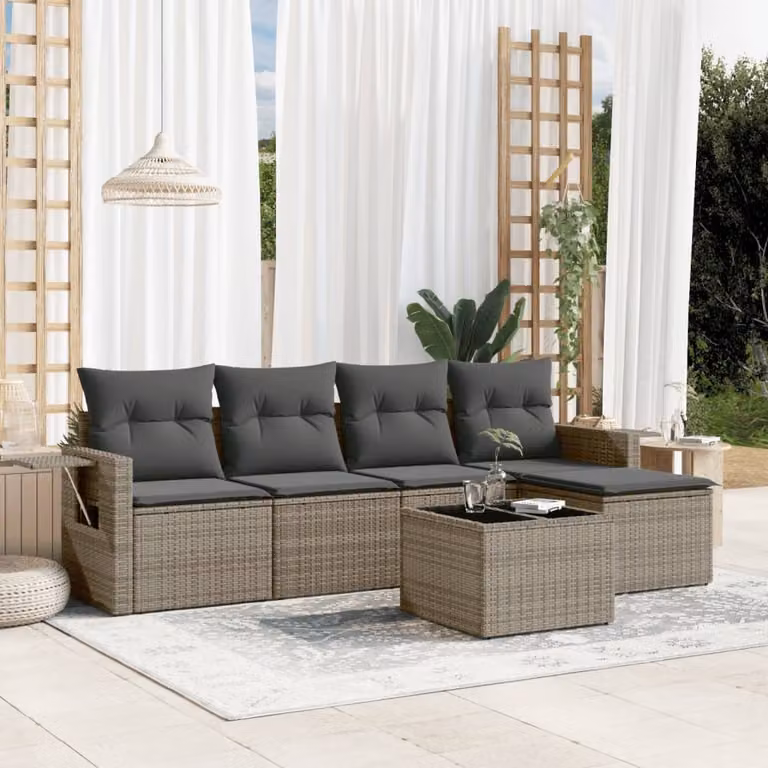 vidaXL Set Divano da Giardino 6 pz a L in Polyrattan Grigio con Cuscini e Tavolino