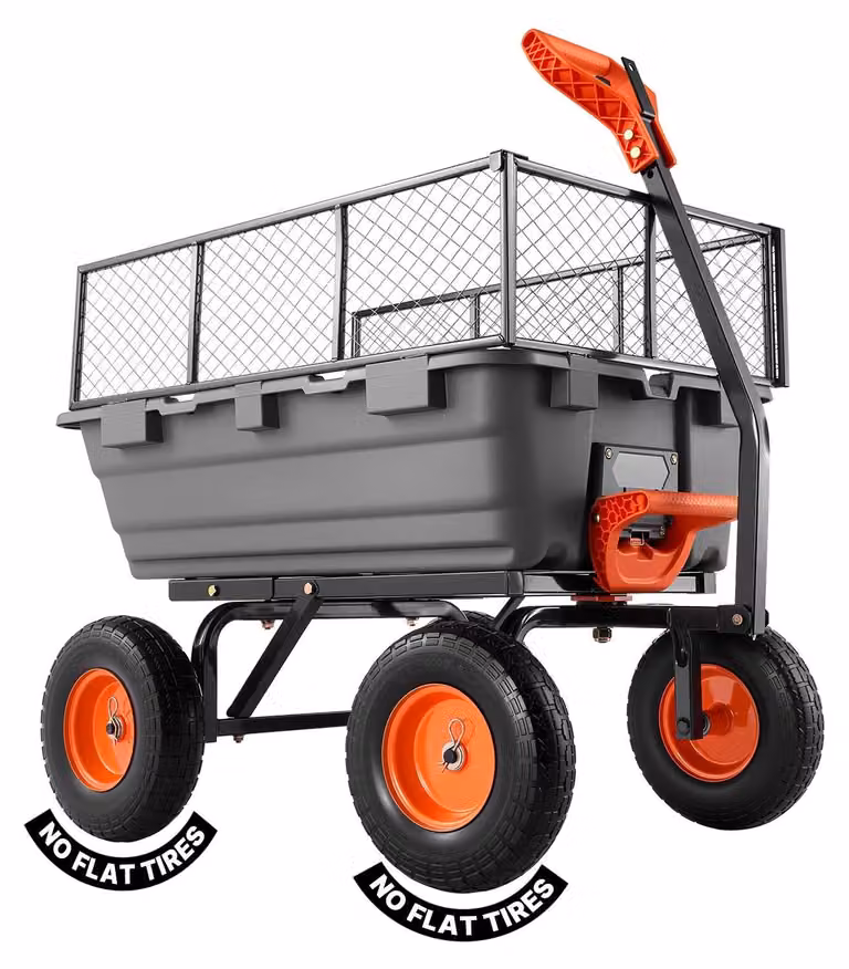 Carrello da giardino - Carrello a mano/carrello di trasporto con funzione di ribaltamento - Capacità di carico 544 kg - Sterzo 270° - Pneumatici inPoliuretano33 cm - Pareti in rete metallica - Plastica e acciaio