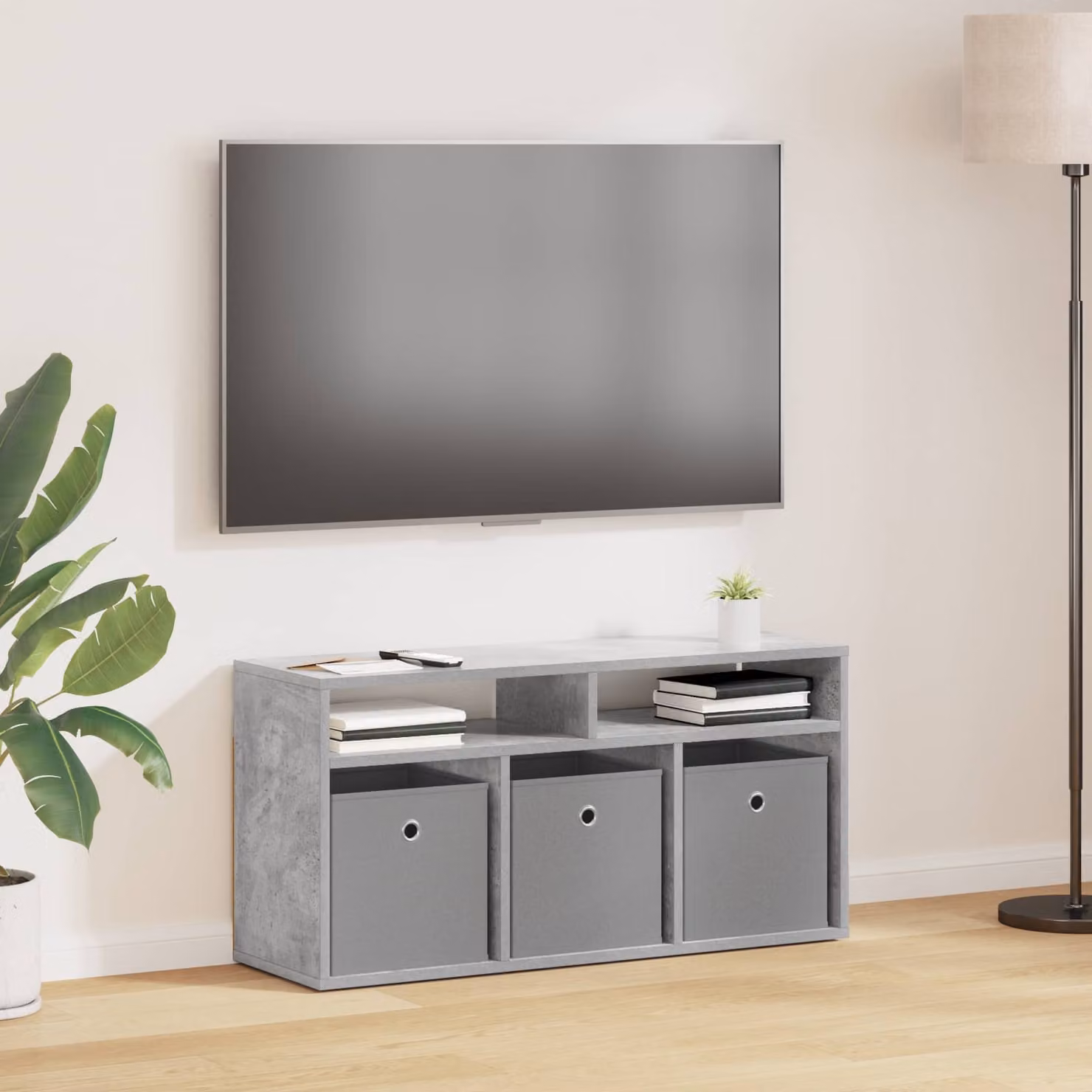 Lowboard moderno vidaXL con cassetto in legno e MDF, Grigio cemento, L: 87 cm, P: 27,5 cm, H: 43 cm