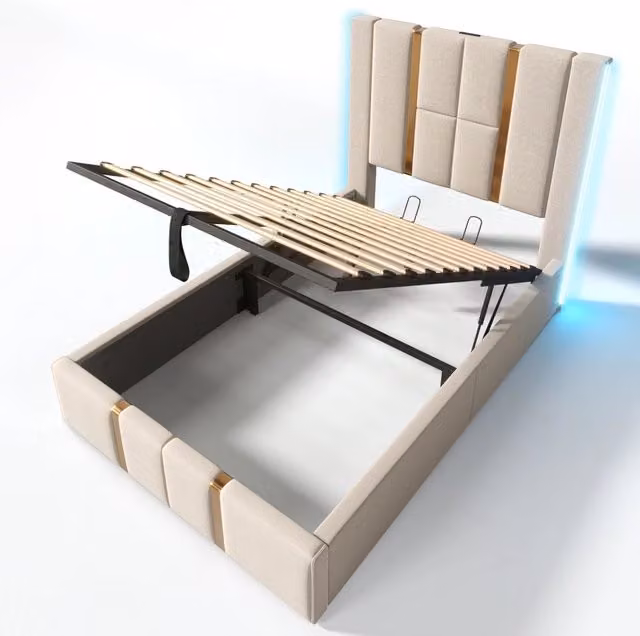 Letto Singolo Imbottito 90x200 cm con LED RGB, Porta USB Type-C e Controllo App, Cornice Beige in Lino con Rete a Doghe e Contenitore