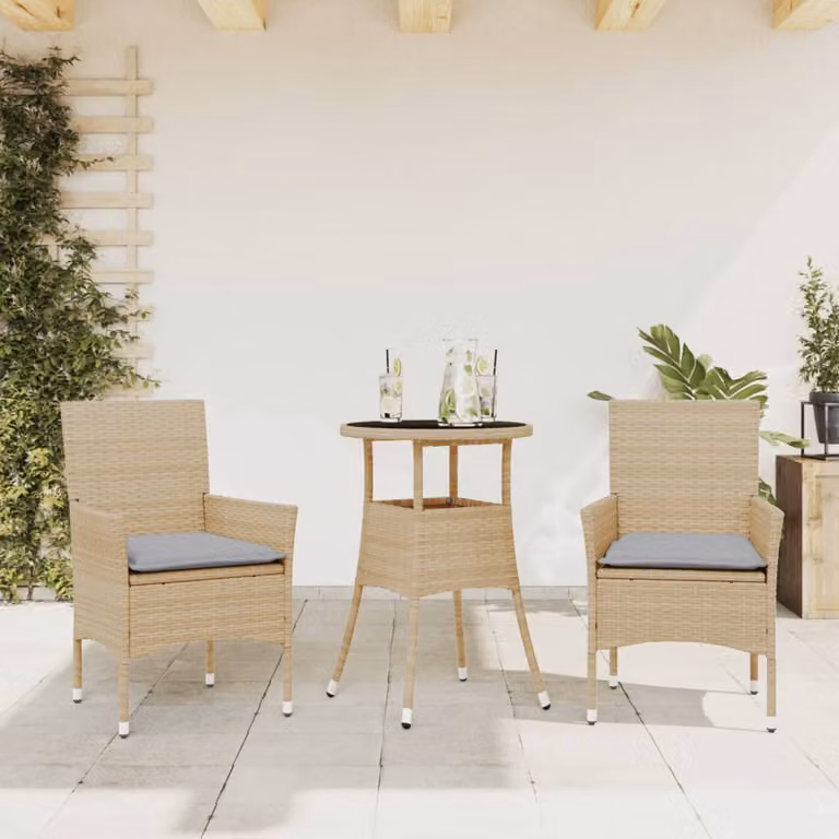 Set da pranzo da giardino vidaXL in polyrattan con cuscini e piano in vetro, 3 pezzi, beige e grigio