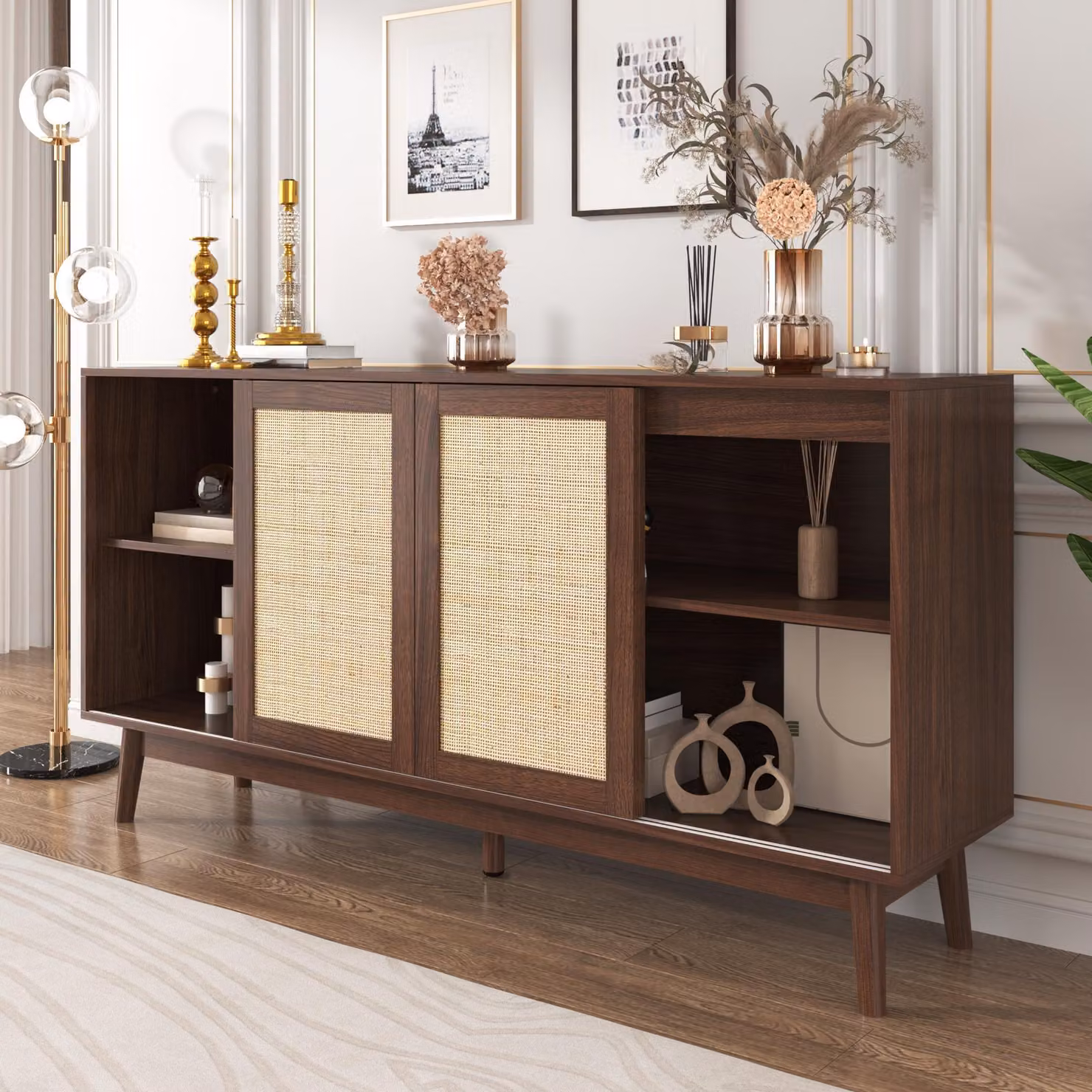 MODFU Mobile da cucina con 3 ante in rattan e 2 cassetti, mobile buffet per soggiorno, camera da letto, camera dei bambini, camera degli studenti e ufficio, colore noce