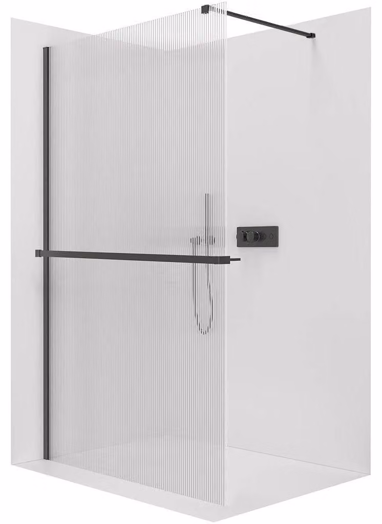 Pannello doccia angolare Walk-in Onyx Cube, versione sinistra/destra - 8 mm + ripiano/portasciugamani - struttura quadrata - nero opaco, vetro smerigliato - 50x200 cm