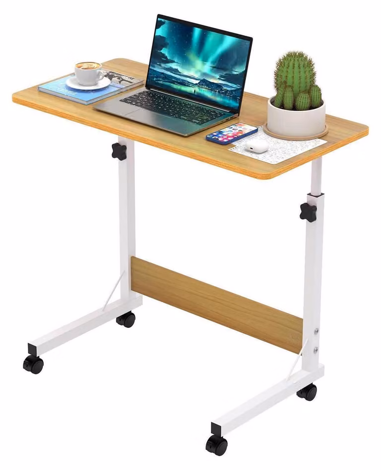 Tavolino per laptop con rotelle, dimensioni 80x40 cm, altezza regolabile da 69 a 90 cm, piano girevole, tavolino laterale per divano/letto, in legno