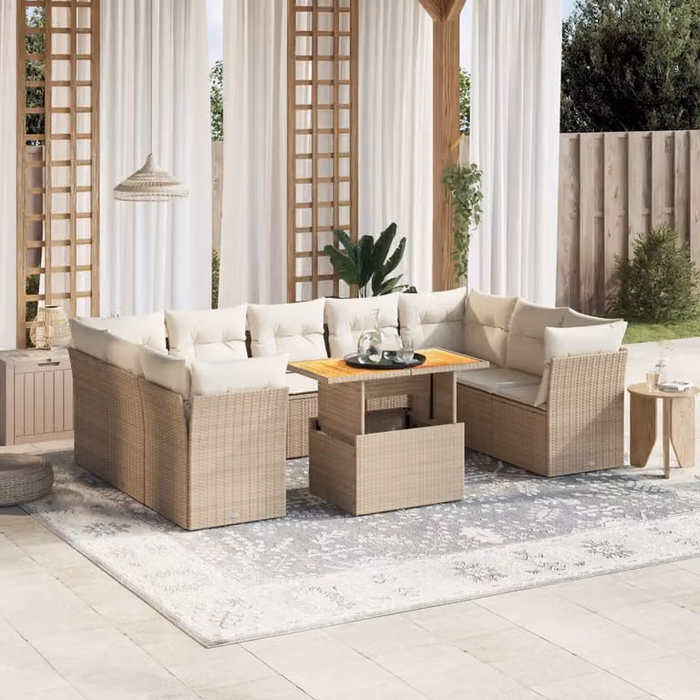 Set Divano da Giardino vidaXL 10 pz con Cuscini Beige e Tavolino, Design Moderno in Polyrattan e Acciaio Verniciato a Polvere