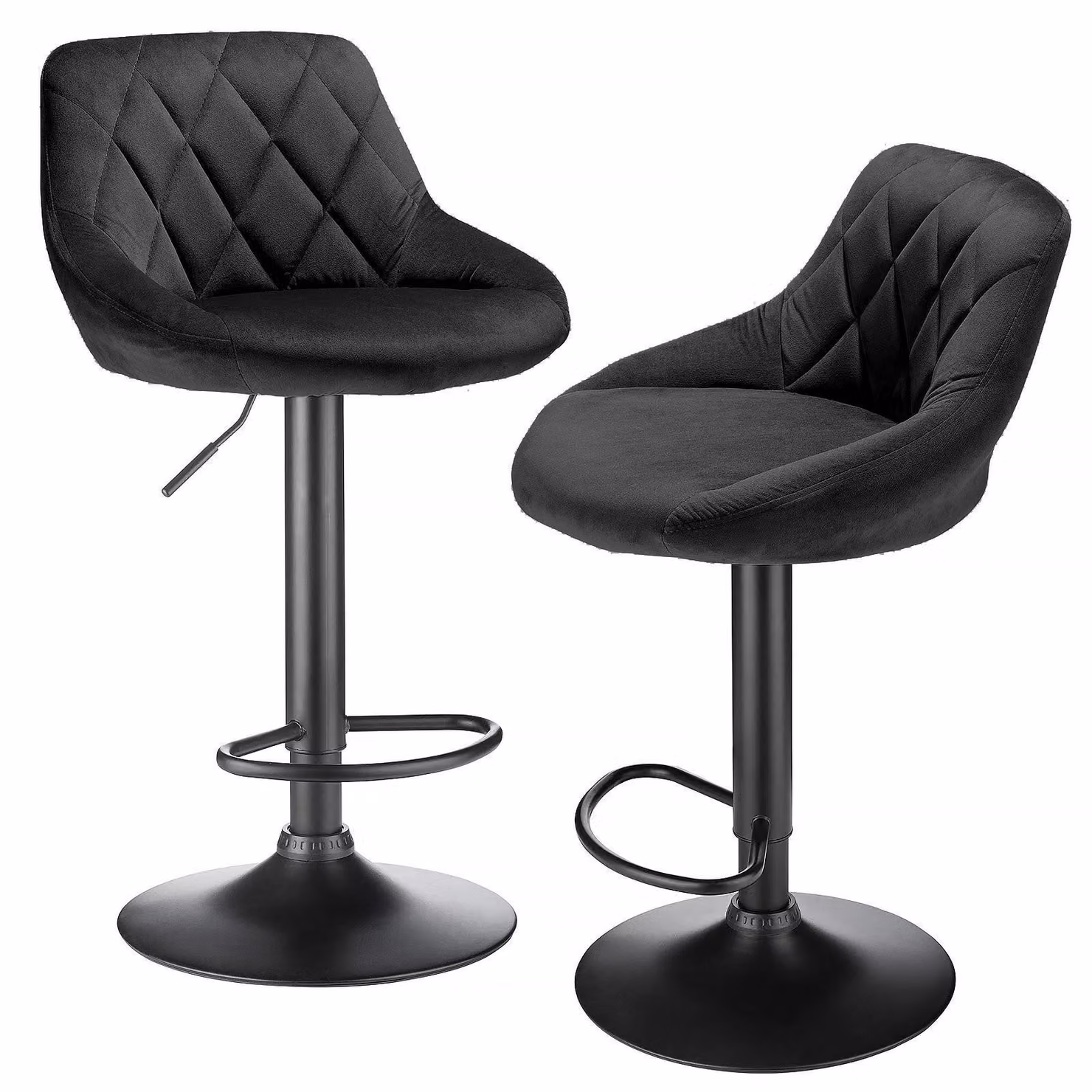 Set di 2 sgabelli da bar - Sgabelli da cucina in velluto - Regolabili in altezza - Rotazione a 360° - Con poggiapiedi - Seduta imbottita - Struttura in metallo - Colore nero