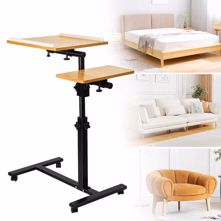 Scrivania regolabile in altezza per computer portatile, dimensioni 61x44x65/95 cm, aspetto legno, struttura in acciaio con rotelle