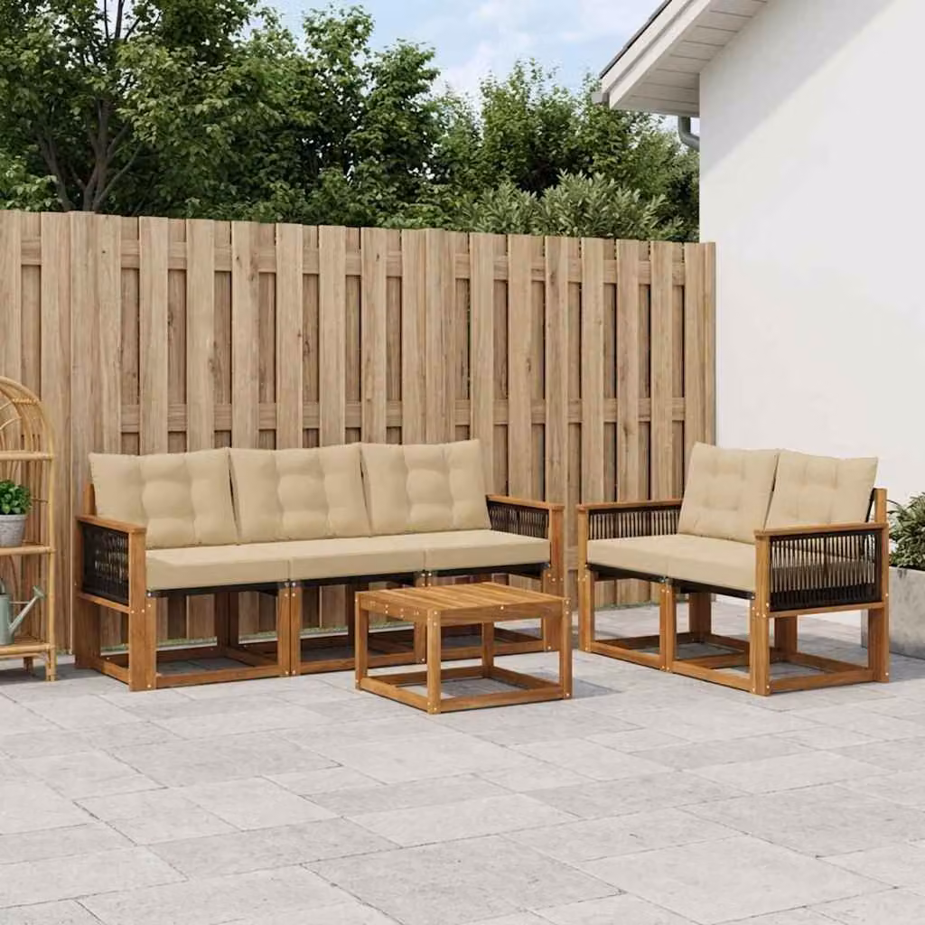 Set di divani da esterno vidaXL a forma di L composto da 6 pezzi con tavolo da caffè, in legno di acacia trattato e tessuto textilene, colore beige e marrone