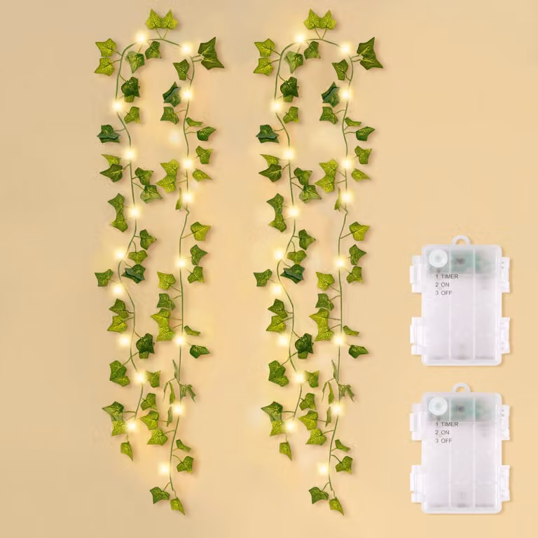 Catena luminosa artificiale a forma di edera, 2x2 metri, 20 LED bianco caldo, grado di protezione IP44, con timer