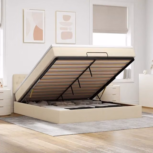Letto moderno con contenitore a sollevamento vidaXL in tessuto beige e bianco con illuminazione sottostante e porta USB L: 160 cm, P: 200 cm, H: 280 cm – 1