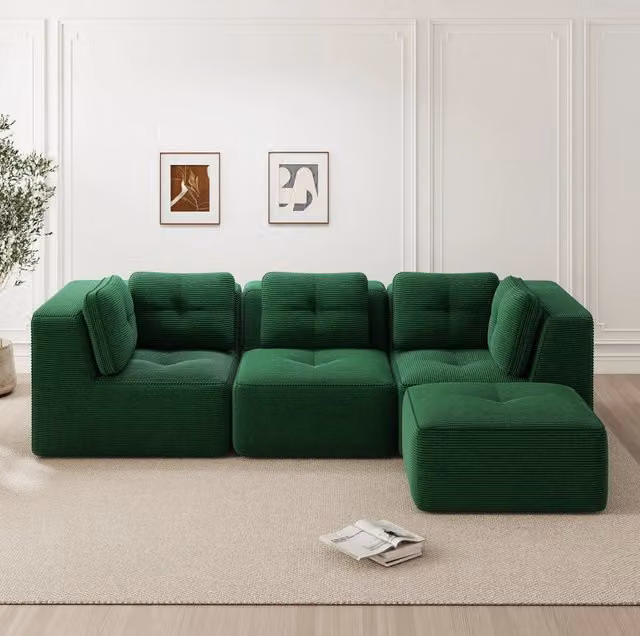 Divano angolare modulare in velluto a coste verde 297x177x69 cm; senza montaggio