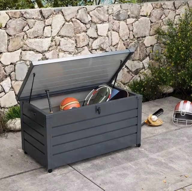 Box da giardino impermeabile in acciaio 311 L con ruote e coperchio chiudibile; grigio scuro