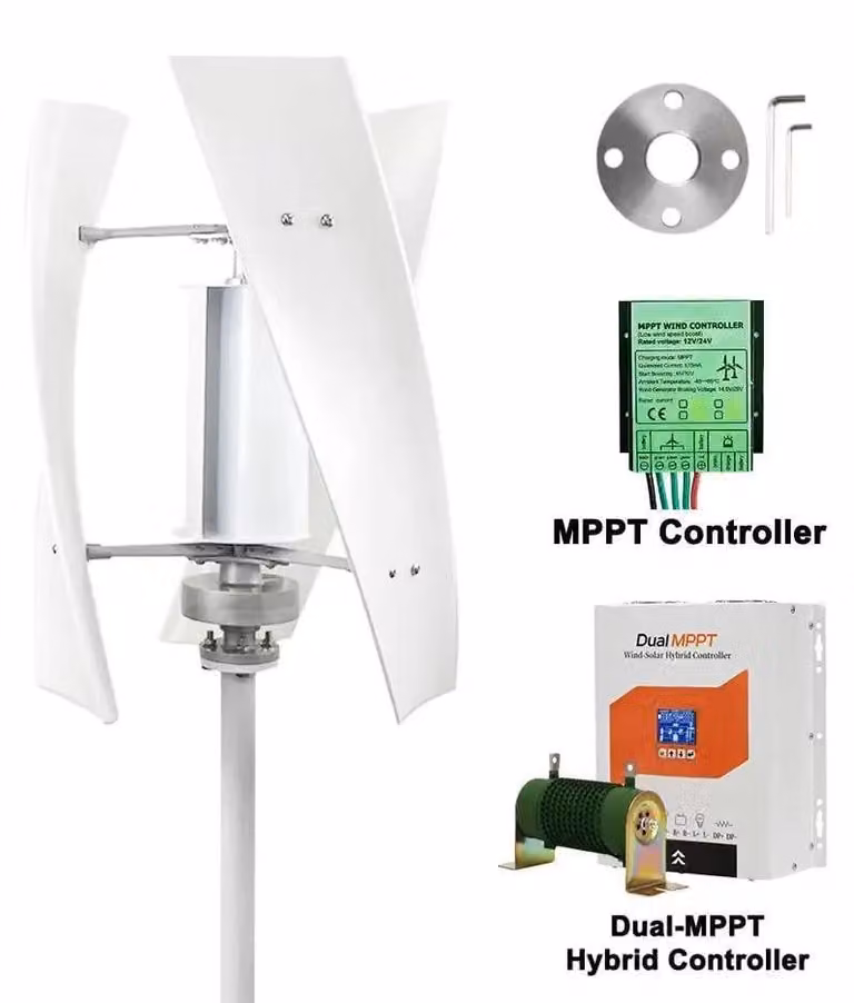 Turbina eolica verticale - Generatore eolico da 3000W - Impianto autonomo per isole - Uscita 12V AC - Funzionamento silenzioso - Regolatore di carica duale MPPT - Adatto per impianti ibridi eolico-solari