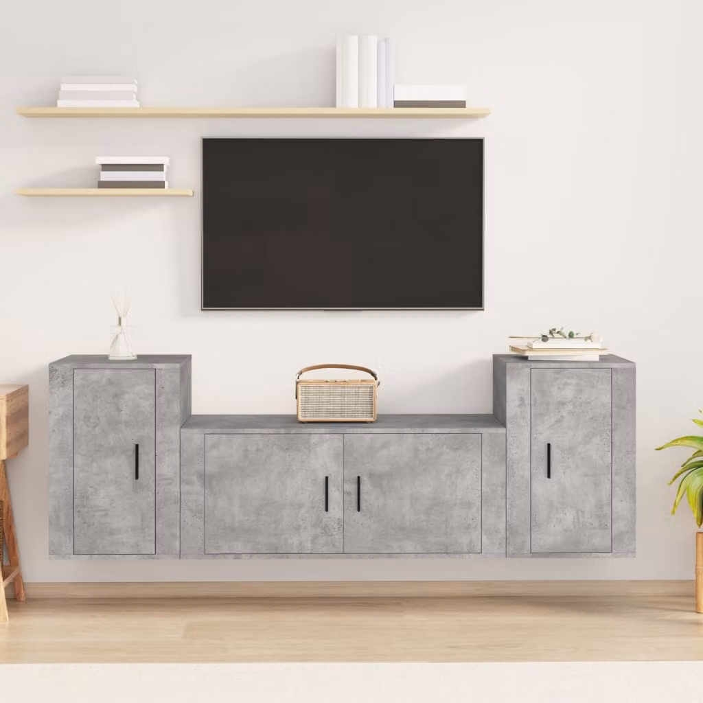 Set di mobili porta TV moderno vidaXL in legno e MDF, 3 pezzi, colore grigio cemento, da appendere alla parete
