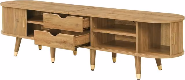 Mobile TV in MDF con Ante Scorrevoli e Dettagli Dorati, 175x38x45 cm, Effetto Legno Chiaro
