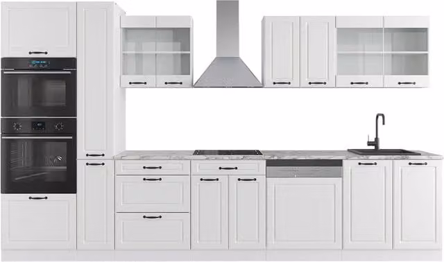 Mobile da cucina Vicco R-Line Bianco rustico con armadio alto e piano in marmo, L: 350 cm