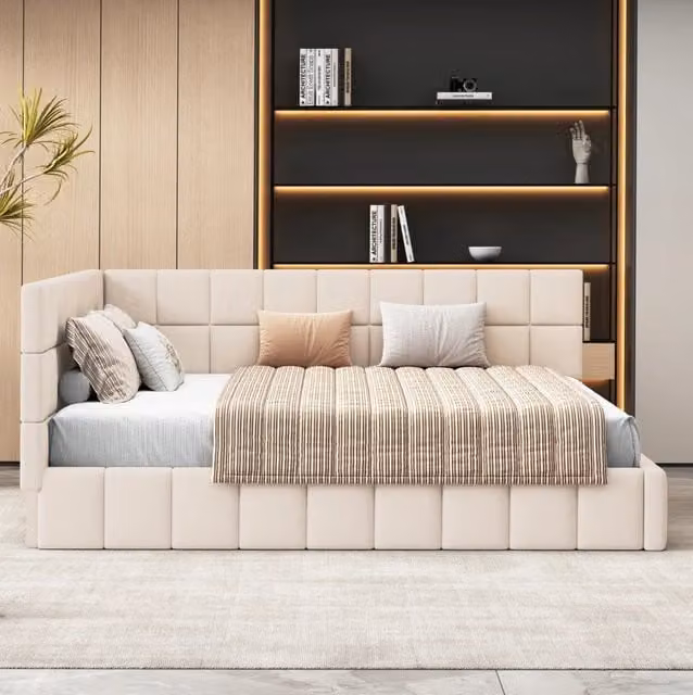 Letto da giorno ULEVR 160x200 cm trasformabile in divano con rete a doghe, rivestimento beige