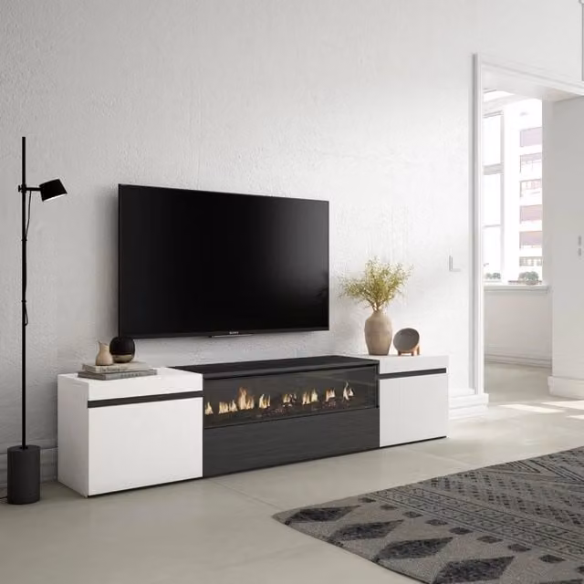 Mobile TV, 200x35x45cm, soggiorno, Per TV fino a 80", Camino elettrico, Bianco e nero RF2169