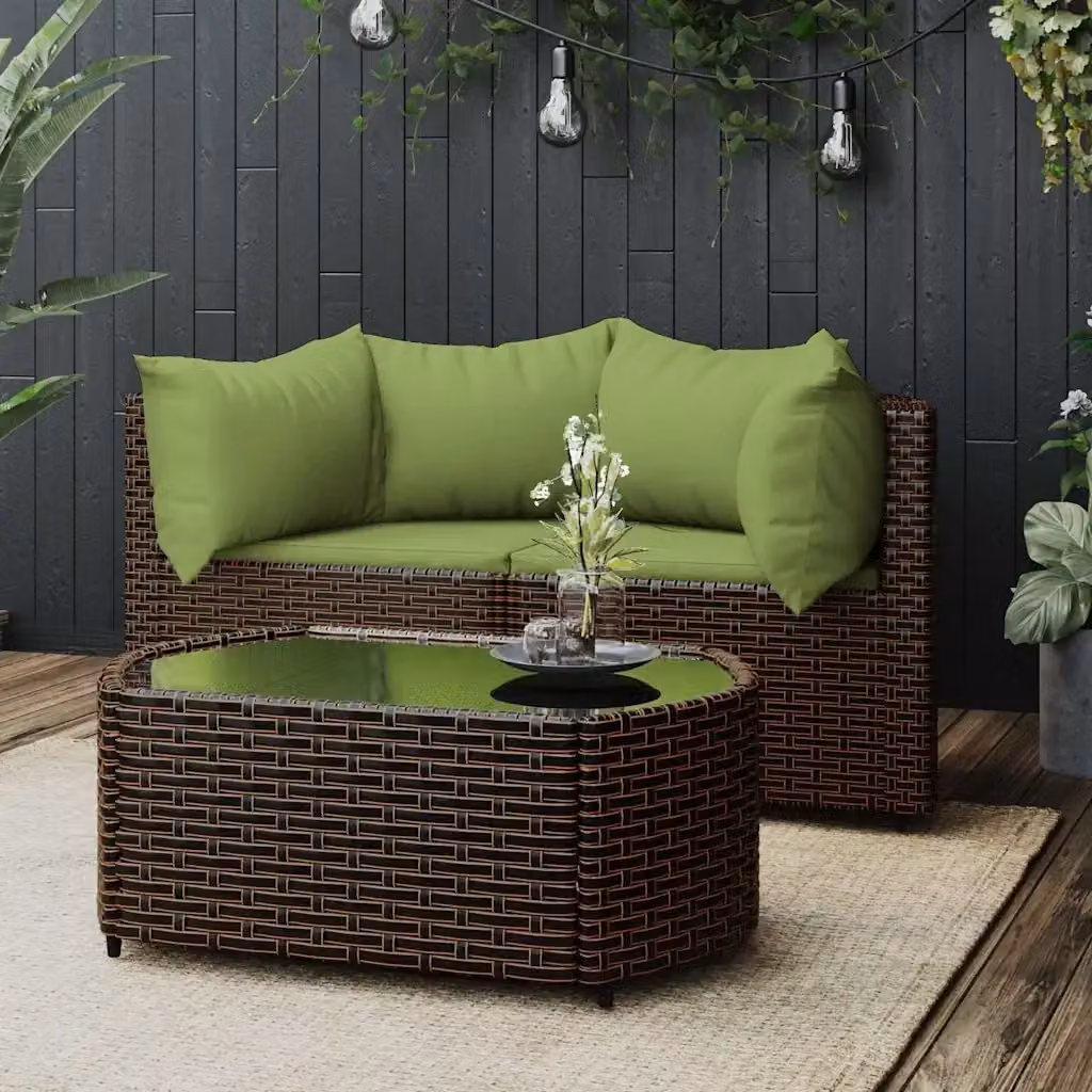 Set Mobili da Giardino Moderno a Forma di L in Polyrattan con Cuscini e Tavolino, Marrone e Verde – 2