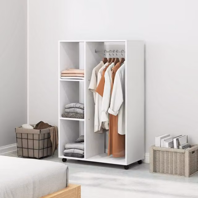 Armadio modulare aperto con barra appendiabiti e 3 ripiani su ruote per ingresso, in truciolare bianco, 80×40×128 cm