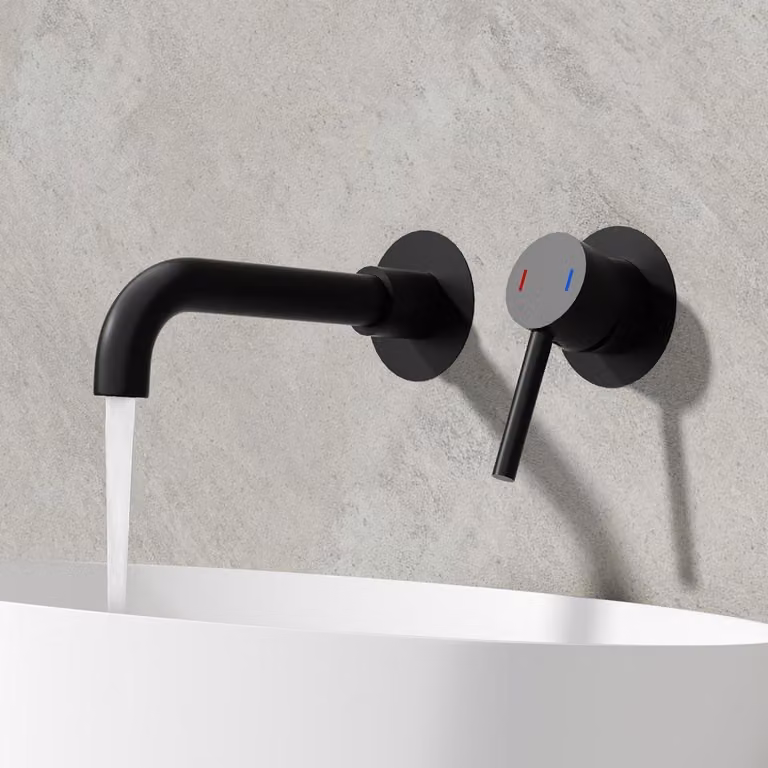Miscelatore per lavabo da incasso, nero, con due fori, girevole a 360° e beccuccio curvo