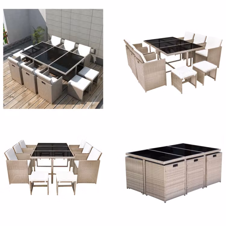 vidaXL Set da pranzo da giardino 11 pezzi con cuscini in rattan beige - Set di mobili da giardino - Set di mobili da giardino - Tavolo e sedie da giardino - Tavoli e sedie da giardino
