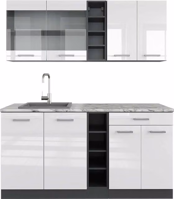 Cucina completa R-Line Bianco lucido/Antracite 160 cm, PL Marmo Vicco