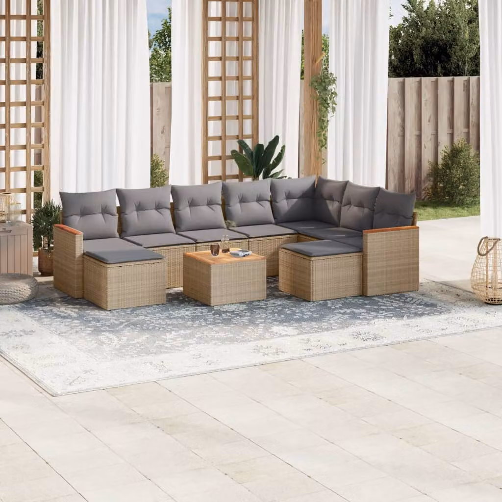 vidaXL Set Divano da Giardino 10 pz a Forma di L con Cuscini Beige e Grigio in Polyrattan e Acciaio