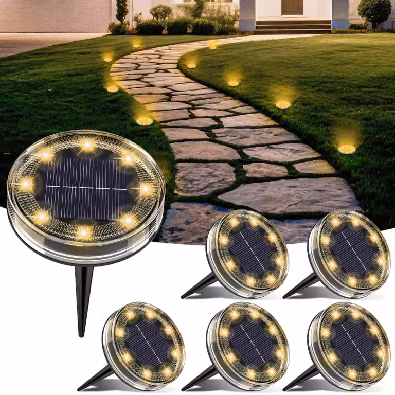 6 luci solari per il giardino, 8 LED, grado di protezione IP68, luce bianco caldo
