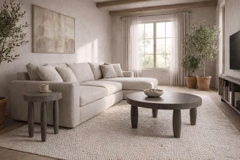 Set di tavolini da salotto in stile moderno, grigio, con gambe in legno e piano in legno, tavolo rotondo
