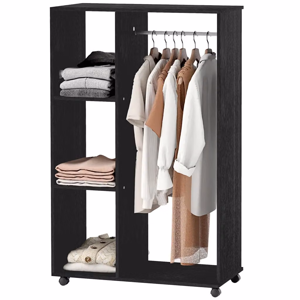 Armadio guardaroba mobile XYLO con ruote, appendiabiti e ripiani, nero, L: 80 cm, P: 40 cm, H: 128 cm – 2