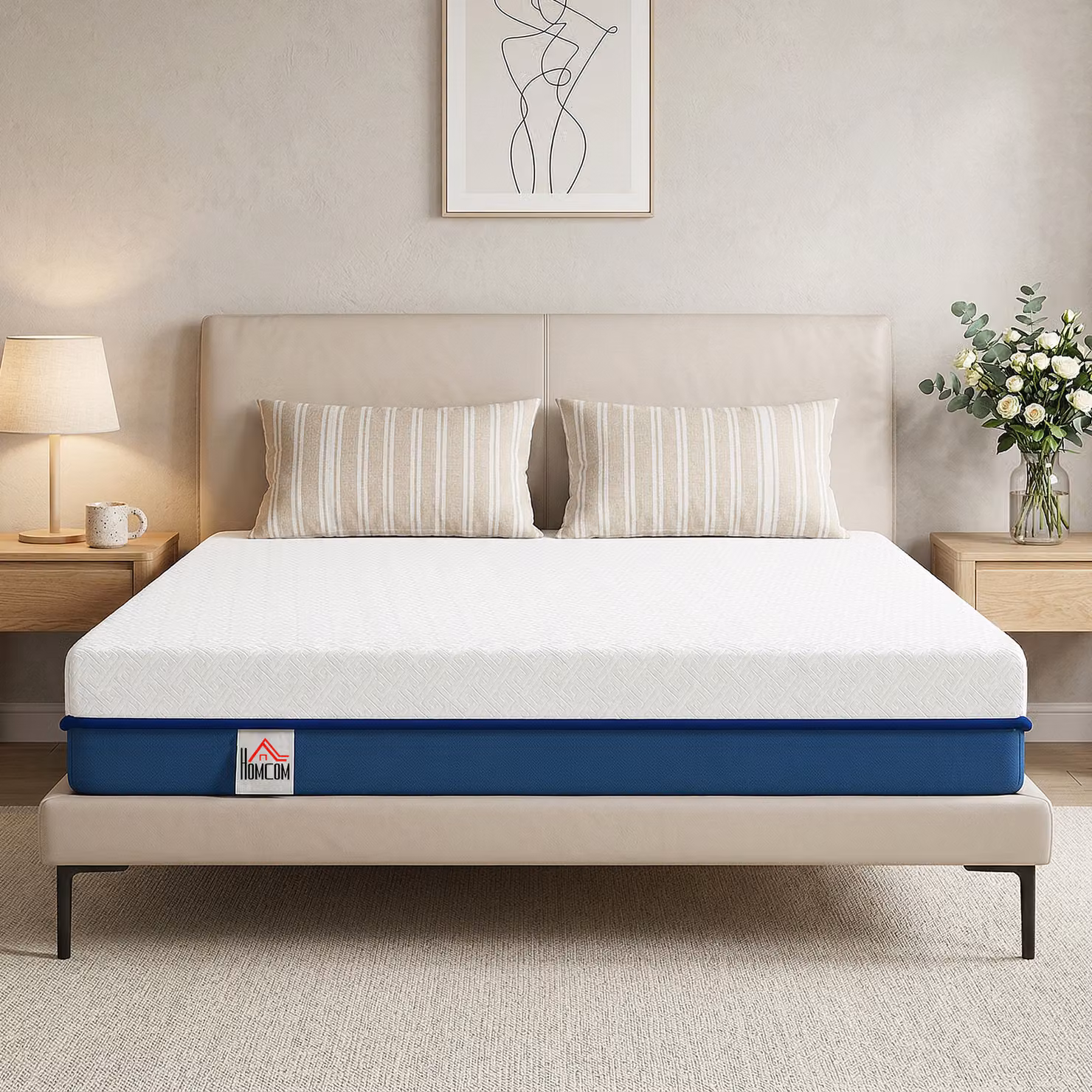 Materasso HOMCOM per 2 persone con imbottitura in memory foam al tè verde, fodera sfoderabile e lavabile, durezza media, L: 140 cm, P: 190 cm, colori blu e bianco – 2