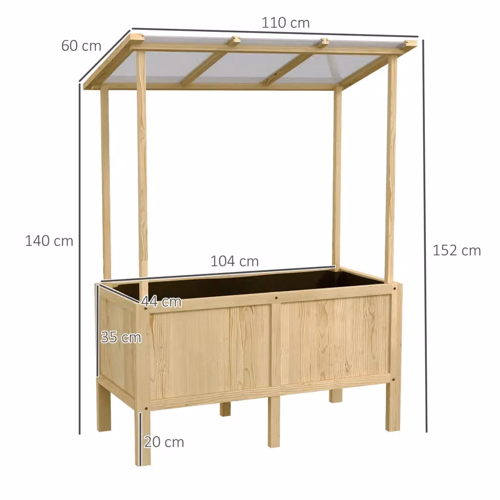 L: 110 cm, P: 60 cm, H: 152 cm, fioriera rialzata WISHDOR in legno di abete marrone con tetto in policarbonato – 2