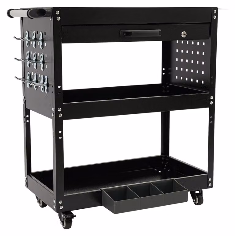 Carrello portattrezzi – Armadietto portattrezzi su ruote – Vuoto – 3 ripiani – 4 ruote, 2 con freno – Cassetti con serratura – Capacità di carico: 250 kg – Colore: nero