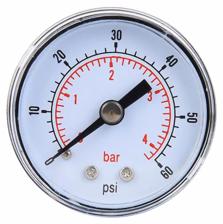 Manometro assiale, raccordo 1/8" BSPT, portata 0-60 psi (0-4 bar), corpo in metallo