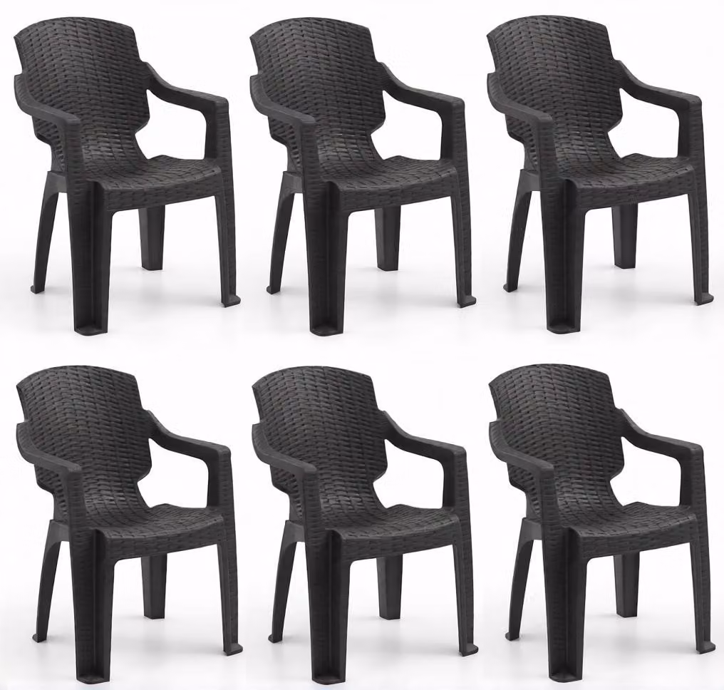 Sedia in plastica, effetto rattan, con braccioli, disponibile nei colori nero, marrone e antracite