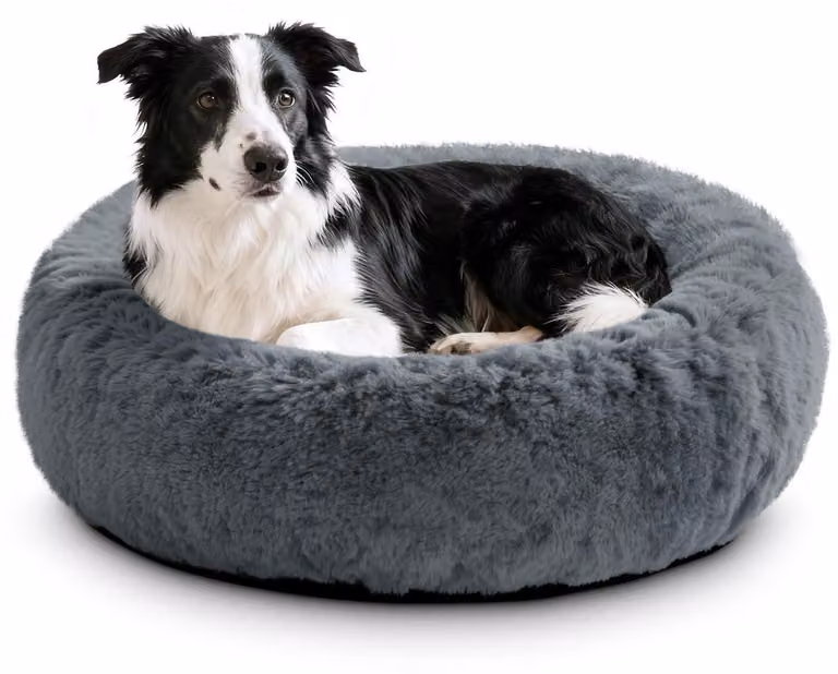 Cuccia per cani, forma rotonda, pelo sintetico ad alta densità, colore grigio scuro, dimensioni L (diametro 80 cm), lavabile, antiscivolo