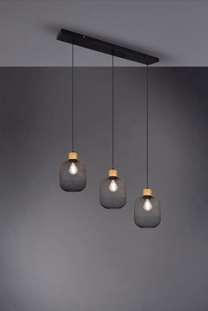 Lampada a sospensione Trio Leuchten GD Trio con 3 diffusori a gabbia in metallo nero e legno – 2