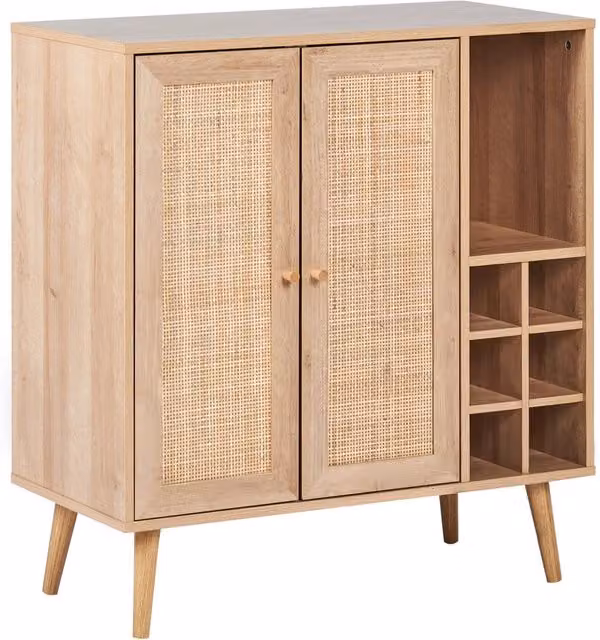 Credenza Beliani in legno di pino e rattan con 2 ante e ripiano per bottiglie, stile boho elegante, colore beige e marrone