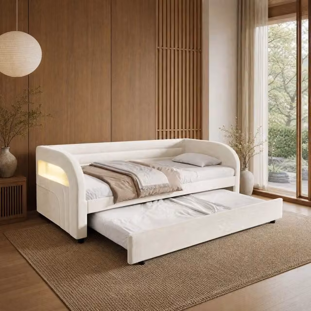 Letto imbottito moderno beige con illuminazione LED sottostante e contenitore, L/P: 90 x 200 cm