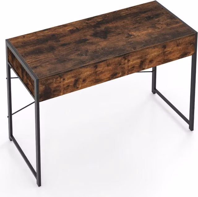Scrivania Design Mania in stile industriale con telaio in metallo e piano in legno marrone e nero, ideale per ufficio o camera da letto, L: 111 cm, P: 48 cm, H: 76 cm – 1